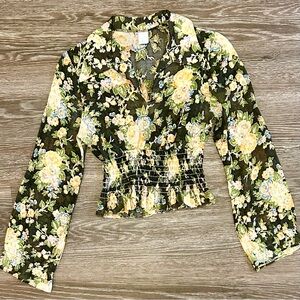 Vintage 70s Smocked Waist Black Floral Blouse